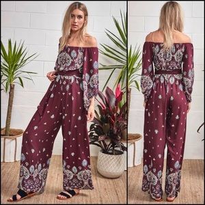 JAASE Maroon Floral Wide Leg Jumpsuit Jumper Playsuit Pants Romper Suit
